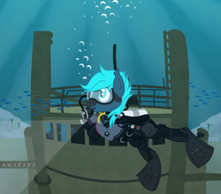 Size: 4500x3959 | Tagged: safe, artist:akififi, oc, oc:guttatus, bat pony, fish, pony, absurd resolution, air tank, bat pony oc, boat, bubble, crepuscular rays, dive mask, diving suit, drysuit, flippers (gear), goggles, ocean, scuba diving, scuba gear, ship, shipwreck, solo, sunlight, swimming, underwater, water, wetsuit, wreck