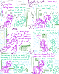 Size: 4779x6013 | Tagged: safe, artist:adorkabletwilightandfriends, lyra heartstrings, twilight sparkle, alicorn, pony, unicorn, comic:adorkable twilight and friends, g4, adorkable, adorkable twilight, bus stop, casual nudity, comic, confused, cute, dork, duo, friendship, hiding, nudity, physics, puddle, rain, shaking, shaking hoof, shelter, sign, sitting, slice of life, smiling, twilight sparkle (alicorn), water, we don't normally wear clothes