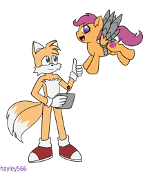 Size: 2381x2665 | Tagged: safe, artist:hayley566, scootaloo, fox, pegasus, pony, g4, amputee, artificial wings, augmented, converse, countershading, crossover, duo, flying, high res, looking at someone, male, miles "tails" prower, open mouth, open smile, prosthetic limb, prosthetic wing, prosthetics, shoes, simple background, smiling, sonic the hedgehog (series), thumbs up, transparent background, wings