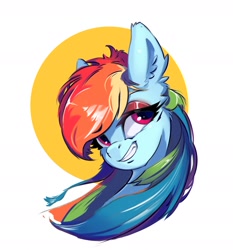 Size: 1704x1827 | Tagged: safe, artist:i love hurt, rainbow dash, pegasus, pony, g4, bust, female, mare, nimbus, portrait, simple background, smiling, smug, solo, white background