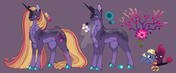 Size: 1280x531 | Tagged: safe, artist:malinraf1615, star tracker, tempest shadow, oc, oc:thaly, earth pony, pony, unicorn, g4, chest fluff, coat markings, colored belly, colored hooves, dark belly, deviantart watermark, female, freckles, horn, male, mare, obtrusive watermark, offspring, pale belly, parent:star tracker, parent:tempest shadow, parents:tempest tracker, purple background, shipping, simple background, slender, stallion, straight, tempestracker, thin, unicorn oc, unshorn fetlocks, watermark