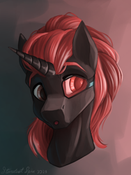 Size: 1500x2000 | Tagged: safe, artist:stardustspix, oc, oc only, oc:protege, pony, unicorn, fallout equestria, fallout equestria: murky number seven, bust, fanfic art, horn, portrait, red and black oc, solo, sternocleidomastoid, unicorn oc