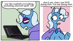 Size: 1545x861 | Tagged: safe, artist:punkittdev, trixie, pony, unicorn, g4, cape, clothes, comic, computer, dialogue, laptop computer, solo, speech bubble, text, trixie's cape