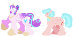 Size: 1024x525 | Tagged: safe, artist:lanternik, cozy glow, princess flurry heart, alicorn, pony, g4, alicornified, deviantart watermark, duo, female, filly, foal, hoof shoes, mare, obtrusive watermark, older, older cozy glow, older flurry heart, race swap, raised hoof, simple background, watermark, white background, xk-class end-of-the-world scenario