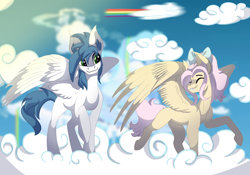 Size: 934x655 | Tagged: safe, artist:brybrychan, oc, oc only, pegasus, pony, cloud, duo, looking back, on a cloud, pegasus oc, raised hoof, smiling, wings