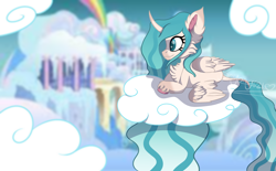Size: 1934x1200 | Tagged: safe, artist:brybrychan, oc, oc only, alicorn, pony, alicorn oc, cloud, cloudsdale, ear fluff, eyelashes, horn, lying down, on a cloud, prone, solo, story included, wings