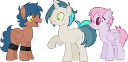 Size: 1985x962 | Tagged: safe, artist:yeetmedownthestairs, oc, oc only, oc:pink lumine, oc:shallow win, oc:vital, unnamed oc, pegasus, pony, unicorn, 2023 community collab, derpibooru community collaboration, adult blank flank, blank flank, ear piercing, earring, grin, horn, jewelry, male, open mouth, pegasus oc, piercing, raised hoof, simple background, smiling, stallion, transparent background, trio, unicorn oc