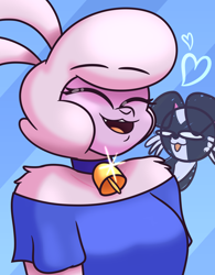 Size: 4800x6150 | Tagged: safe, artist:iceflower99, pom (tfh), dog, sheep, anthro, them's fightin' herds, bell, bell collar, collar, community related, eyes closed, heart, jewelry, necklace, puppy, shoulder fluff, simple background, video at source, video in description