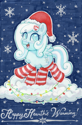 Size: 1764x2688 | Tagged: safe, artist:dandy, oc, oc only, oc:snowdrop, pegasus, pony, candy, candy cane, christmas, christmas lights, clothes, cloud, copic, ear fluff, female, filly, foal, food, hat, holiday, looking at you, night, open mouth, pegasus oc, santa hat, snow, snowfall, snowflake, socks, solo, striped socks, text, traditional art, wings