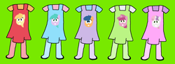 Size: 1547x571 | Tagged: safe, artist:hasbropreschool1983, aura (g4), first base, noi, ruby pinch, sweetie belle, earth pony, pegasus, pony, unicorn, g4, adorabase, alternate mane five, aurabetes, autism, clothes, cute, diasweetes, female, filly, foal, green background, grin, long socks, noiabetes, overalls, pegasus first base, pinchybetes, race swap, shirt, shoes, simple background, smiling, socks, topwear
