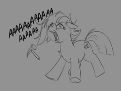 Size: 1470x1110 | Tagged: safe, artist:darkpandax, limestone pie, earth pony, pony, g4, aaaaaaaaaa, angry, female, hammer, mare, monochrome, screaming, solo