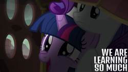 Size: 1920x1080 | Tagged: safe, edit, edited screencap, editor:quoterific, screencap, rarity, twilight sparkle, alicorn, pony, unicorn, g4, gauntlet of fire, book, dark, duo, duo female, excited, female, frown, happy, holes, mare, open mouth, open smile, rock costume, smiling, twilight sparkle (alicorn)