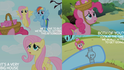 Size: 2000x1125 | Tagged: safe, edit, edited screencap, editor:quoterific, screencap, fluttershy, pinkie pie, rainbow dash, earth pony, pegasus, pony, g4, party of one, season 1, basket, drawing, envelope, female, flying, frown, mare, open mouth, open smile, smiling, spread wings, trio, trio female, watch, wings