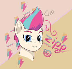 Size: 1756x1684 | Tagged: safe, artist:cristi444n, zipp storm, pegasus, pony, g5, abstract, abstract background, beige background, blue eyes, bust, eyebrows, face, female, lightning, looking at you, mare, name, portrait, short hair, short mane, signature, simple background, simple shading, smiling, smug, smugzipp, solo, three quarter view, two toned mane
