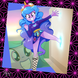 Size: 4500x4500 | Tagged: safe, artist:theratedrshimmer, izzy moonbow, human, equestria girls, g5, cute, equestria girls (g5), equestria girls-ified, female, g5 to equestria girls, generation leap, grin, izzybetes, looking at you, passepartout, portal, schrödinger's pantsu, smiling, solo, that was fast, toy interpretation