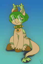 Size: 759x1137 | Tagged: safe, artist:pagophasia, derpibooru exclusive, oc, oc only, oc:hortis culture, hybrid, pony, collar, ear tufts, eyes closed, full body, glasses, gradient background, horns, leaf, nonbinary, round glasses, simple background, sitting, smiling, solo, unshorn fetlocks, wings