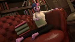 Size: 3840x2160 | Tagged: safe, artist:korizen, twilight sparkle, unicorn, anthro, plantigrade anthro, g4, 3d, book, bookshelf, candlelight, couch, feet, female, high res, looking at you, lying down, missing shoes, nail polish, solo, source filmmaker, toenail polish