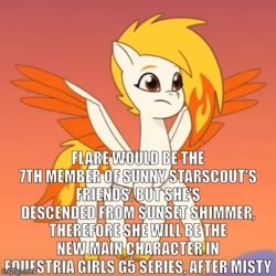 Size: 500x500 | Tagged: safe, edit, edited screencap, screencap, flare (g5), pegasus, pony, firework-ing together, g5, my little pony: tell your tale, spoiler:g5, spoiler:my little pony: tell your tale, spoiler:tyts01e42, cropped, implied equestria girls, implied misty brightdawn, implied sunny starscout, implied sunset shimmer, insane fan theory, solo, spoilers for another series, text, theory