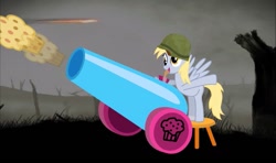 Size: 1169x692 | Tagged: safe, derpy hooves, pegasus, pony, g4, cannon, food, helmet, muffin, solo, stool, war
