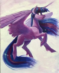 Size: 2883x3579 | Tagged: safe, artist:maxiima, twilight sparkle, alicorn, pony, g4, acrylic painting, female, flying, high res, mare, missing cutie mark, solo, traditional art, twilight sparkle (alicorn), unshorn fetlocks