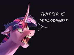 Size: 4000x3000 | Tagged: safe, artist:maxiima, twilight sparkle, pony, g4, black background, curved horn, dialogue, eye clipping through hair, eyebrows, eyebrows visible through hair, floppy ears, horn, horrified, meta, open mouth, realization, shocked, shocked expression, simple background, solo, torn ear, twitter, wide eyes