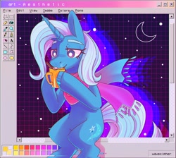 Size: 2165x1944 | Tagged: safe, artist:wavecipher, trixie, pony, unicorn, belly, clothes, eyebrows, female, high res, hoof hold, mare, ms paint, mug, scarf, smiling, solo, vaporwave