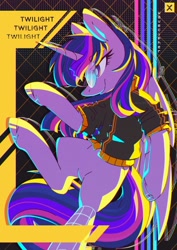 Size: 2480x3508 | Tagged: safe, artist:wavecipher, twilight sparkle, alicorn, pony, g4, belly, clothes, complex background, cyberpunk, glasses, high res, partially open wings, solo, twilight sparkle (alicorn), vaporwave, wings