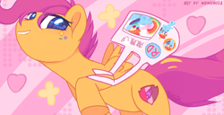 Size: 1350x691 | Tagged: safe, artist:memengla, rainbow dash, scootaloo, pegasus, pony, g4, abstract background, bag, chinese, cute, cutealoo, eye clipping through hair, female, filly, foal, handbag, hind legs, smiling, solo, spread wings, sticker, the cmc's cutie marks, wings