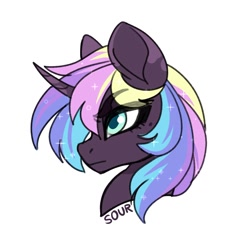 Size: 1000x1000 | Tagged: safe, artist:sickly-sour, oc, oc only, pony, unicorn, bust, eyebrows, eyebrows visible through hair, horn, simple background, solo, unicorn oc, white background