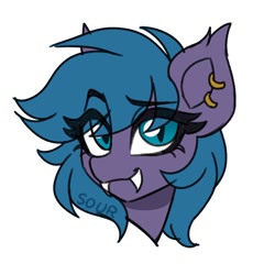 Size: 2000x2000 | Tagged: safe, artist:sickly-sour, oc, oc only, oc:belfry towers, bat pony, pony, bat pony oc, bust, ear piercing, earring, eye clipping through hair, eyebrows, eyebrows visible through hair, fangs, high res, jewelry, piercing, portrait, simple background, solo, white background