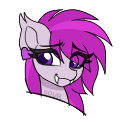 Size: 2000x2000 | Tagged: safe, artist:sickly-sour, oc, oc only, oc:violet moonflower, bat pony, pony, bat pony oc, bust, eye clipping through hair, eyebrows, eyebrows visible through hair, fangs, high res, portrait, simple background, solo, white background