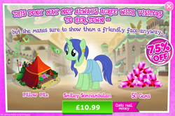 Size: 1956x1300 | Tagged: safe, gameloft, nile faras, pony, unicorn, g4, my little pony: magic princess, advertisement, bush, clothes, costs real money, ear piercing, earring, english, female, gem, horn, introduction card, jewelry, mare, mobile game, numbers, piercing, pillow, sale, solo, somnambula resident, tent, text
