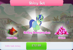 Size: 1268x860 | Tagged: safe, gameloft, nile faras, pony, unicorn, g4, my little pony: magic princess, bundle, bush, clothes, costs real money, ear piercing, earring, english, female, gem, horn, jewelry, mare, mobile game, numbers, piercing, pillow, sale, shiny set, solo, somnambula resident, tent, text