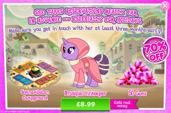 Size: 1958x1297 | Tagged: safe, gameloft, saret, pony, saddle arabian, unicorn, g4, my little pony: magic princess, advertisement, clothes, costs real money, cup, dress, english, female, gem, horn, introduction card, ladle, mare, mobile game, numbers, pot, saddle arabia, sale, solo, somnambula resident, spoon, text, veil