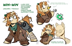 Size: 1409x905 | Tagged: safe, artist:redxbacon, oc, oc only, oc:win-win, pony, unicorn, bandage, broken horn, clothes, clover, dialogue, dirty, fallout, fallout 4, female, gas mask, hairband, hairpin, horn, jacket, leg wraps, lightbulb, lock, lockpicking, mannequin, mare, mask, oversized clothes, reference sheet, scarf, simple background, solo, speech, speech bubble, talking, unicorn oc, white background