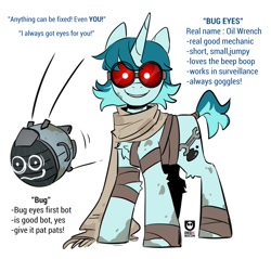 Size: 944x904 | Tagged: safe, artist:redxbacon, oc, oc only, oc:oil wrench, pony, robot, unicorn, bandage, chest fluff, clothes, dialogue, dirty, elbow fluff, fallout, fallout 4, goggles, grin, horn, leg wraps, long scarf, looking at you, reference sheet, scarf, simple background, smiling, solo, standing, unicorn oc, white background