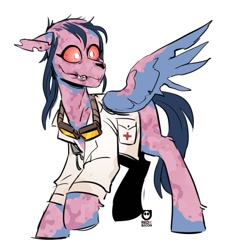 Size: 695x735 | Tagged: safe, artist:redxbacon, oc, oc only, oc:patchwork, ghoul, pegasus, pony, undead, zombie, clothes, fallout, goggles, lab coat, red eyes, scar, simple background, solo, white background