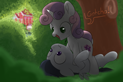 Size: 1800x1200 | Tagged: safe, artist:dtcx97, artist:hopefulsparks, rumble, sweetie belle, pegasus, pony, unicorn, g4, alternate cutie mark, colt, detailed background, dialogue, duo, female, filly, foal, foliage, hidden, male, outdoors, playing, raised tail, scrunchy face, ship:rumbelle, shipping, straight, tail, text, young