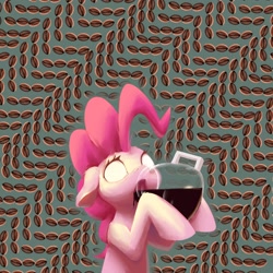 Size: 1500x1500 | Tagged: safe, artist:senaelik, pinkie pie, earth pony, pony, g4, abstract background, blank eyes, chugging, coffee, coffee pot, drinking, female, floppy ears, glowing, glowing eyes, hoof hold, mare, modern art, open mouth, optical illusion, pinkie found the coffee, solo, xk-class end-of-the-world scenario