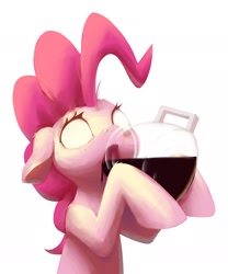 Size: 1814x2181 | Tagged: safe, alternate version, artist:senaelik, pinkie pie, earth pony, pony, g4, background removed, blank eyes, chugging, coffee, coffee pot, drinking, glowing, glowing eyes, hoof hold, open mouth, pinkie found the coffee, simple background, solo, white background, xk-class end-of-the-world scenario
