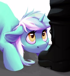 Size: 2732x3000 | Tagged: safe, artist:senaelik, lyra heartstrings, human, pony, unicorn, g4, boots, floppy ears, high res, kneeling, looking at someone, looking up, shoes, simple background, white background