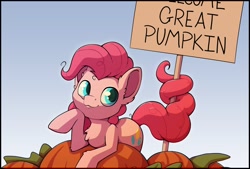 Size: 2000x1349 | Tagged: safe, artist:senaelik, pinkie pie, earth pony, pony, g4, chest fluff, female, mare, no eyelashes, parody, peanuts (comic), prehensile tail, pumpkin, sign, solo, tail, the great pumpkin