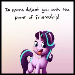 Size: 2500x2500 | Tagged: safe, artist:senaelik, starlight glimmer, pony, unicorn, g4, female, gradient background, high res, mare, meme, open mouth, open smile, smiling, solo, talking to viewer