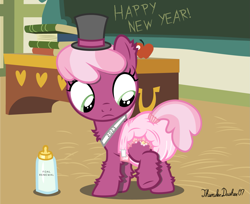 Size: 1357x1110 | Tagged: safe, artist:thunderdasher07, cheerilee, earth pony, pony, g4, age regression, apple, baby bottle, baby new year, book, chalkboard, chest, classroom, desk, diaper, female, filly, filly cheerilee, fluffy, foal, food, happy new year, happy new year 2023, hat, holiday, leg fluff, non-baby in diaper, ponyville schoolhouse, poofy diaper, raised leg, sash, show accurate, solo, tail, tail hole, top hat, wetness indicator, younger