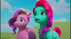 Size: 360x200 | Tagged: safe, screencap, jazz hooves, pipp petals, earth pony, pegasus, pony, g5, growing pains, my little pony: make your mark, my little pony: make your mark chapter 2, spoiler:my little pony: make your mark, spoiler:my little pony: make your mark chapter 2, spoiler:myms01e02, adorapipp, animated, cloud, confused, cute, duo, female, gif, head tilt, imgflip, jazz has no ears, jazzibetes, jewelry, looking at something, mare, no ears, okay, talking, tiara, youtube link
