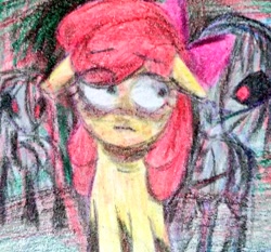 Size: 1024x953 | Tagged: safe, artist:dulcesilly, apple bloom, earth pony, pony, story of the blanks, g4, crayon drawing, female, filly, foal, looking sideways, pinpoint eyes, red eyes, scared, traditional art