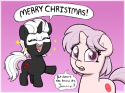 Size: 2148x1594 | Tagged: safe, artist:heretichesh, oc, oc only, oc:red pill, oc:s.leech, pony, unicorn, christmas, cute, dialogue, duo, eyes closed, female, filly, foal, gradient background, holiday, horn, looking at you, merry christmas, open mouth, open smile, out of season, slowpoke, smiling, sparkles, speech bubble, talking to viewer, unicorn oc