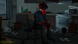 Size: 3840x2160 | Tagged: safe, artist:fireemerald123, oc, oc only, oc:page feather, anthro, 3d, alcohol, broken glass, cereal box, chair, coffee machine, frying pan, gun, handgun, high res, kitchen, night, revolver, sitting, solo, source filmmaker, stove, voidpunk, watermark