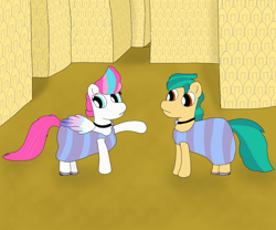 Size: 6048x5036 | Tagged: safe, artist:pinkiepie69, hitch trailblazer, zipp storm, earth pony, pegasus, pony, g5, clothes, crossdressing, dress, eyeshadow, family guy, jewelry, makeup, male, necklace, shoes, the backrooms