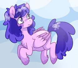 Size: 1253x1086 | Tagged: safe, artist:/d/non, plumberry, pegasus, pony, g4, female, flying, mare, older, older plumberry, pregnant, purple fur, purple hair, sensibly-proportioned pregnancy, sky, solo, unshorn fetlocks